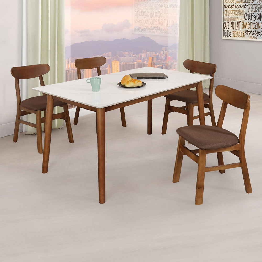 【Homelike】 喜家居140cm白岩板胡桃餐桌椅組(一桌四椅)(2517-22), , large