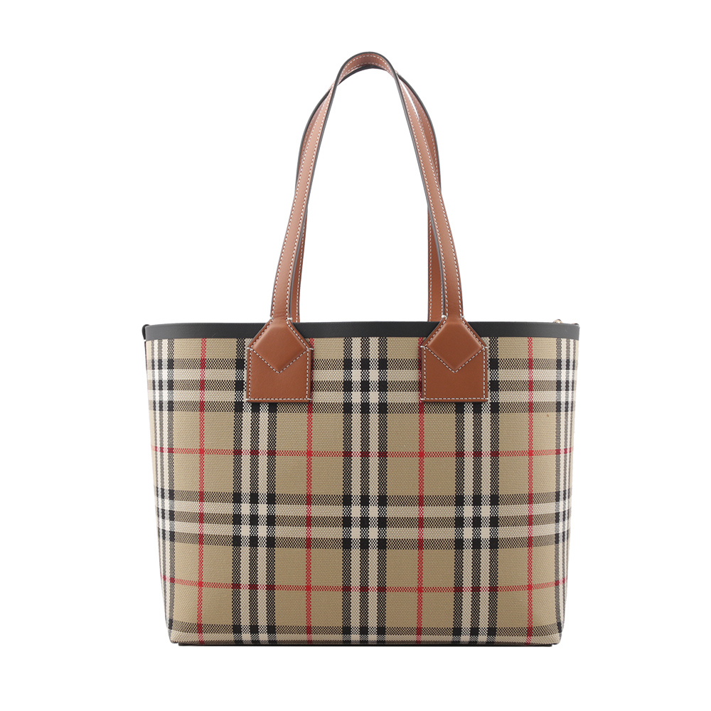 BURBERRY London 經典格紋棉質帆布小型托特包/石楠木棕/黑色, , large