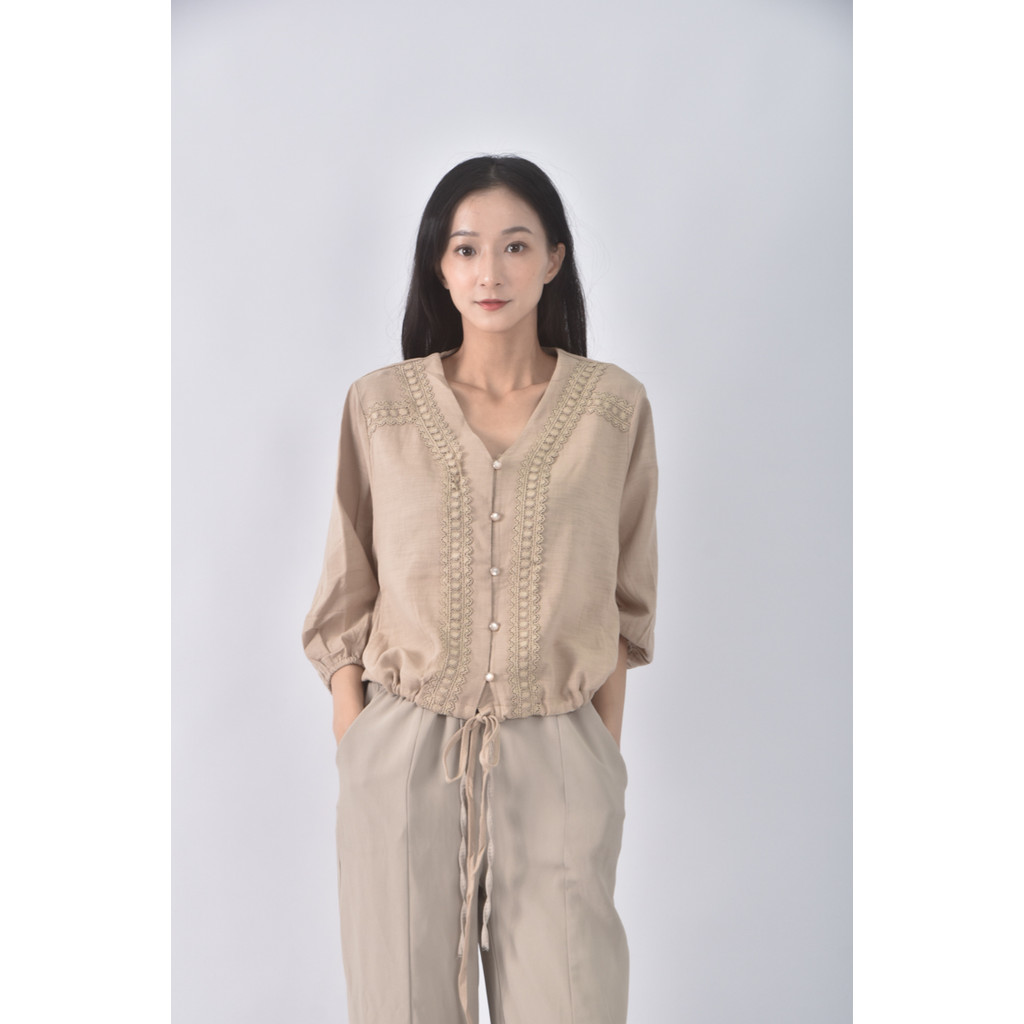 (S) hthp韓牌質感棉質Ｖ領杏色長袖上衣二手衣, , large