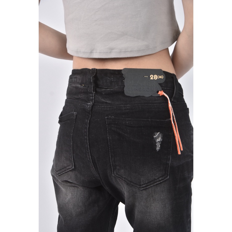 (XL) player丹寧牛仔質感棉質黑色長褲二手衣, , large