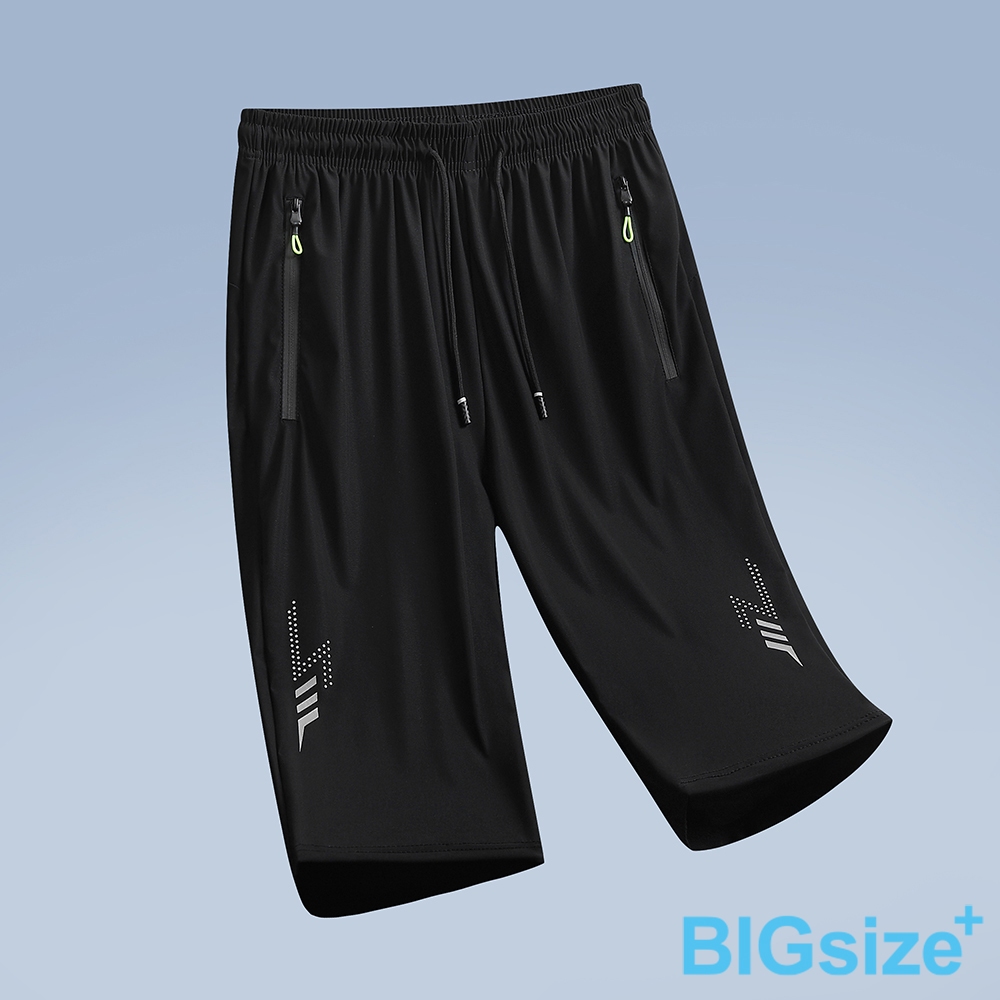 大尺碼-印花 冰絲排汗七分褲-黑/灰-0205565, 01黑, large