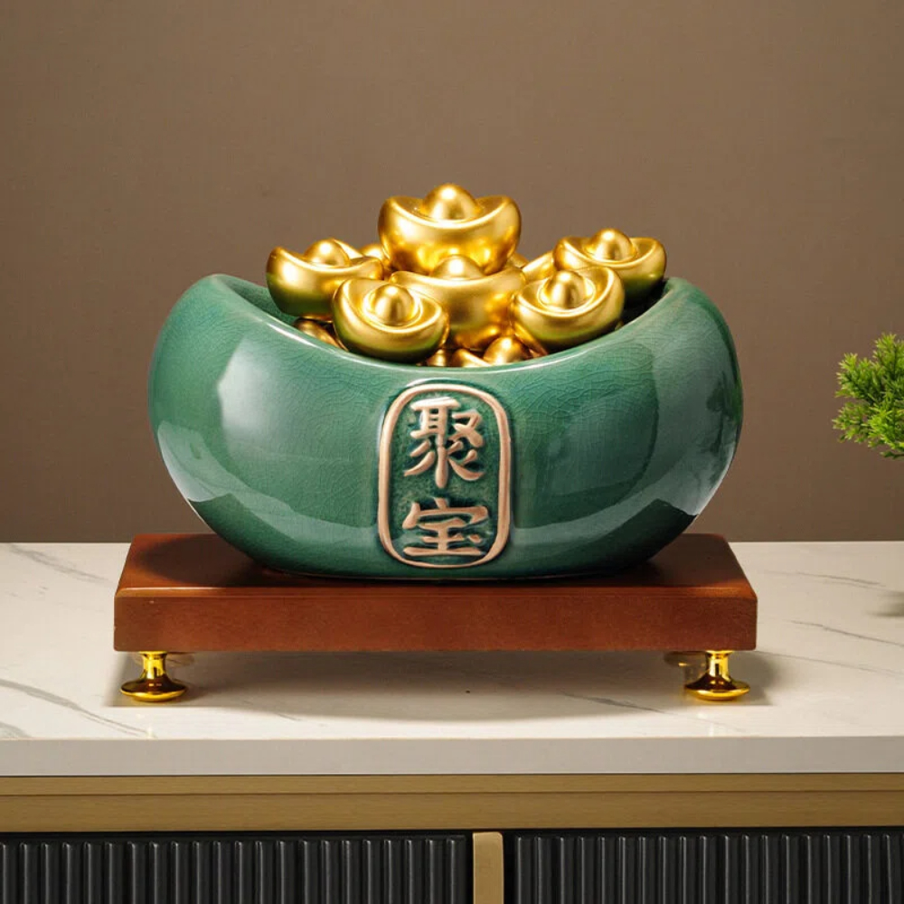 【A&R】招財開運 冰裂釉陶瓷聚寶盆附底座金元寶, , large