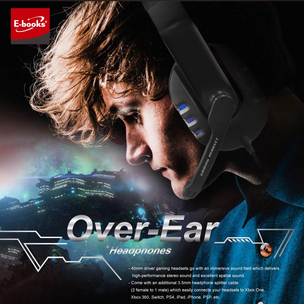 E-BOOKS S93 Blue Wing Headset Microphone with 2-turn 1 audio cable Stereo sound effect Clear sound reception Comfortable to wear for a long time, , large