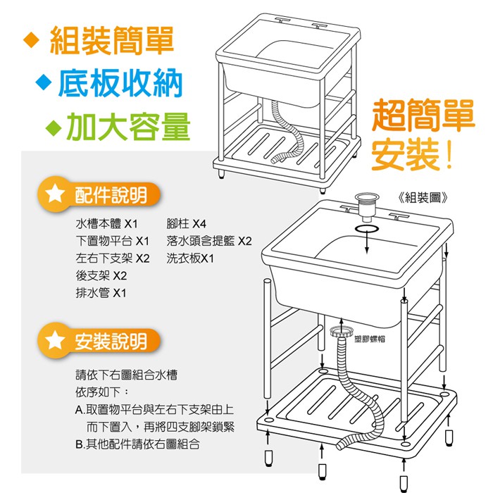 【雙手萬能】台灣製 豪華塑鋼單水槽(洗手槽/流理台/洗衣槽/洗濯槽), , large
