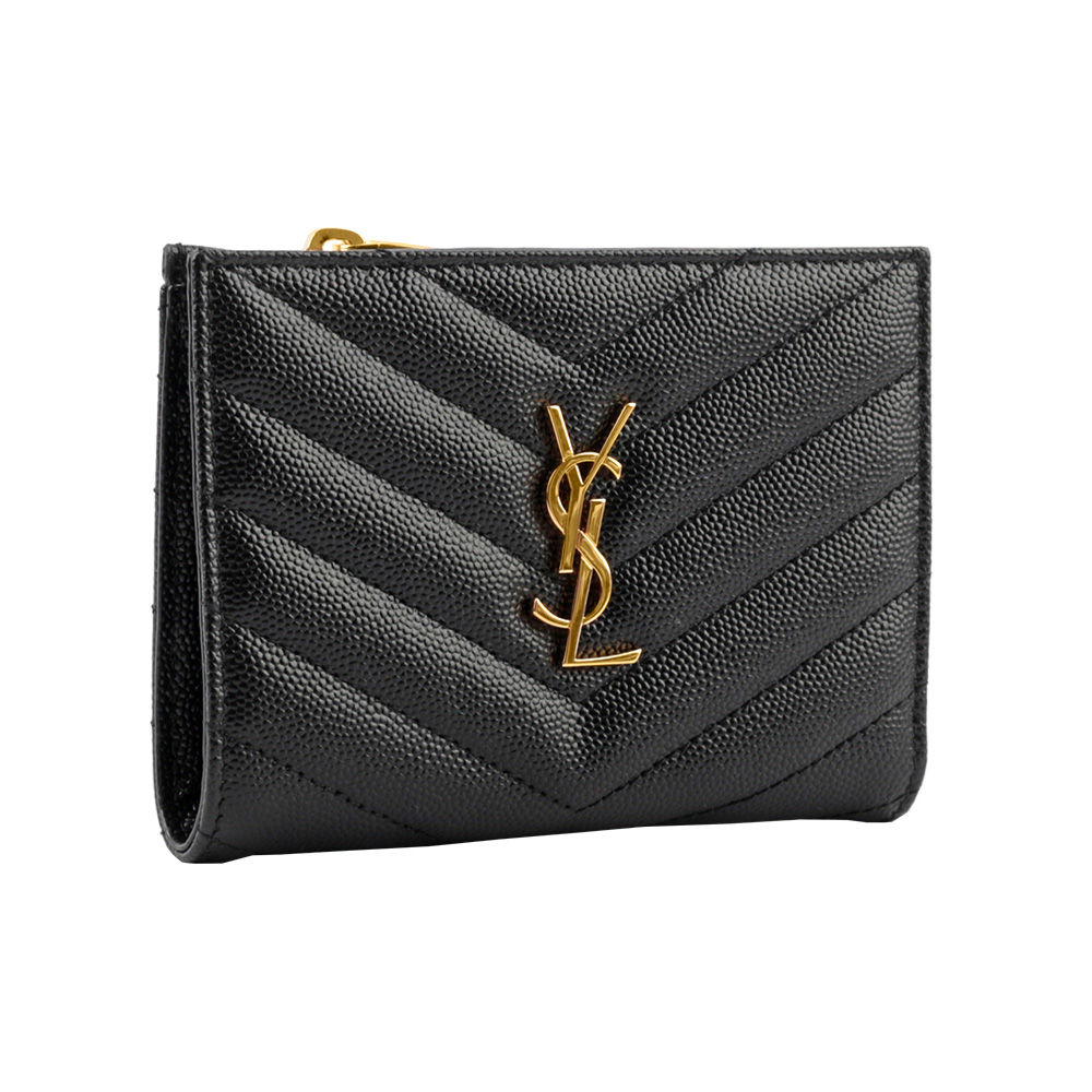 YSL 山形紋魚子醬皮金字拉鍊零錢袋二折短夾/黑色, , large