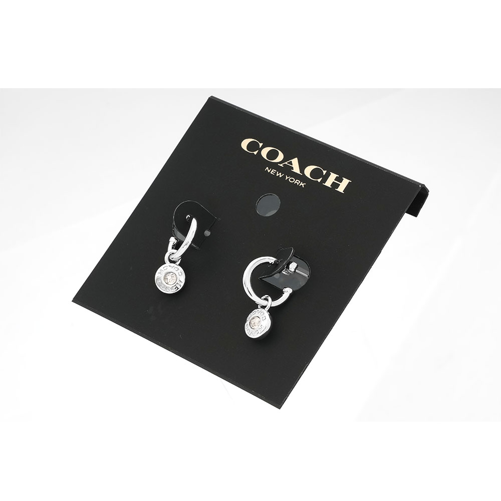 COACH 水鑽圓形吊墜馬蹄形針式耳環/銀色, , large