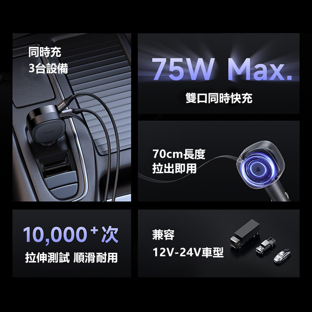 Mcdodo麥多多 LQ CC156 FreeGo系列75W USB-C伸縮線快充車載充電器1A2C, , large