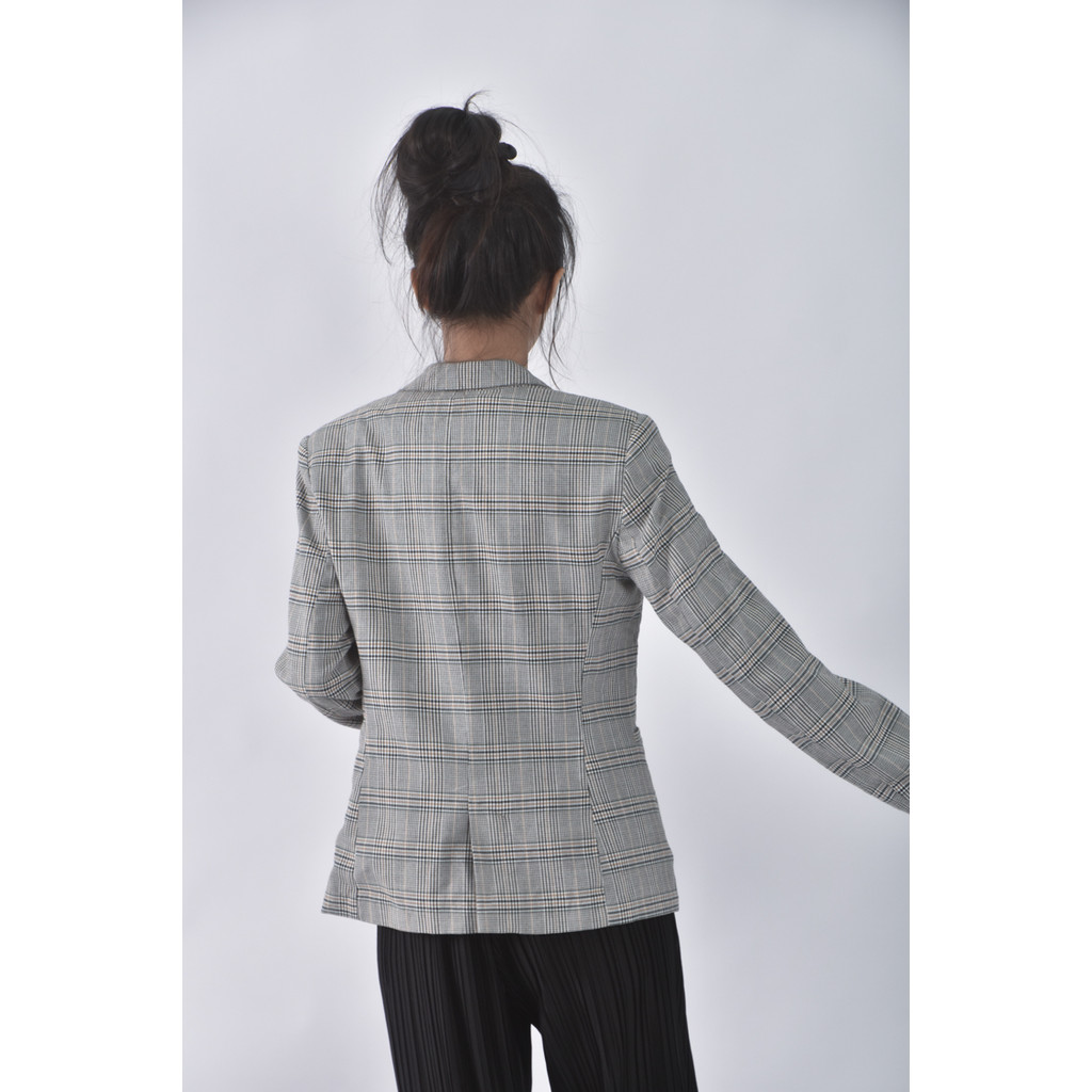 (S) zara西裝墊肩格紋黑色外套二手衣, , large