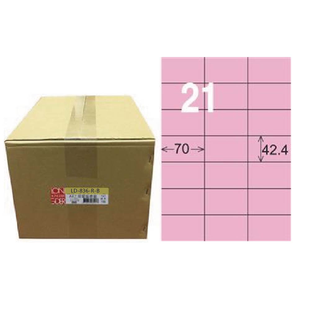 【龍德】LONGDER 三用電腦標籤 A4 21格 直角 42.4*70mm粉紅1000張/箱 LD-836-R-B(適用雷射、噴墨、影印), , large