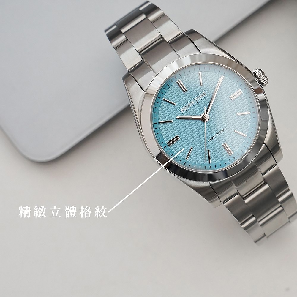 Relax Time RT-105S 立體格紋太陽能女錶-銀x藍/34mm RT-105S-3L, , large