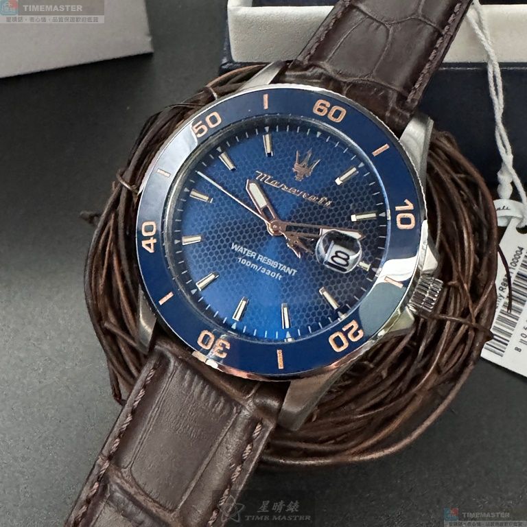 [星晴錶業]MASERATI手錶,44mm,R8851100004寶藍蜂巢幾何錶面寶藍錶殼咖啡色真皮皮革錶帶款, , large