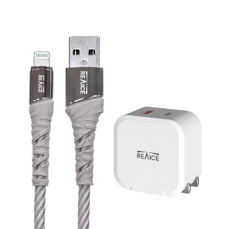 【台陞科技】REAICE PD20W雙孔1A1C充電頭+USB-A to Lightning1.2M編織充電傳輸線 充電套組/多色可選, , large