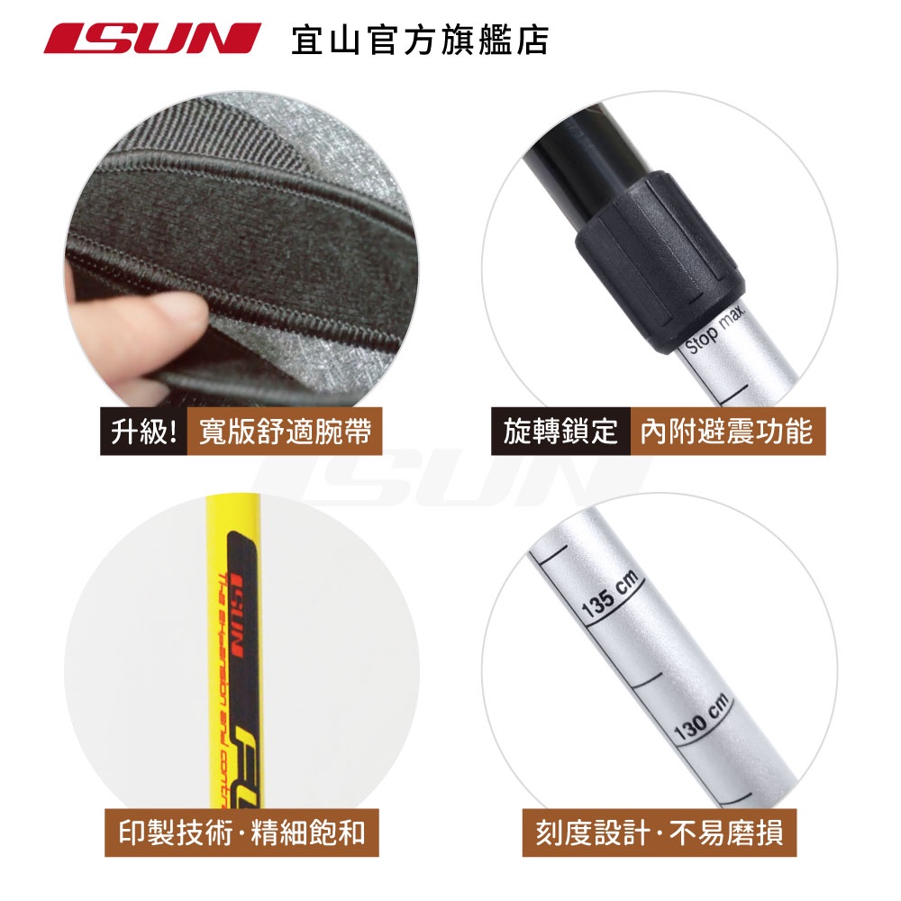 【ISUN】6011避震三節登山杖 Fushion 蜂巢紅 (2入)｜高強度6011鋁合金 升級舒適手腕帶 台灣製宜山登山杖, , large