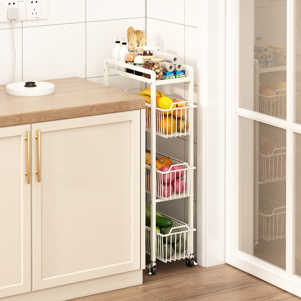 【AOTTO】四層可抽拉附輪夾縫收納架-白色(KC-046W), , large