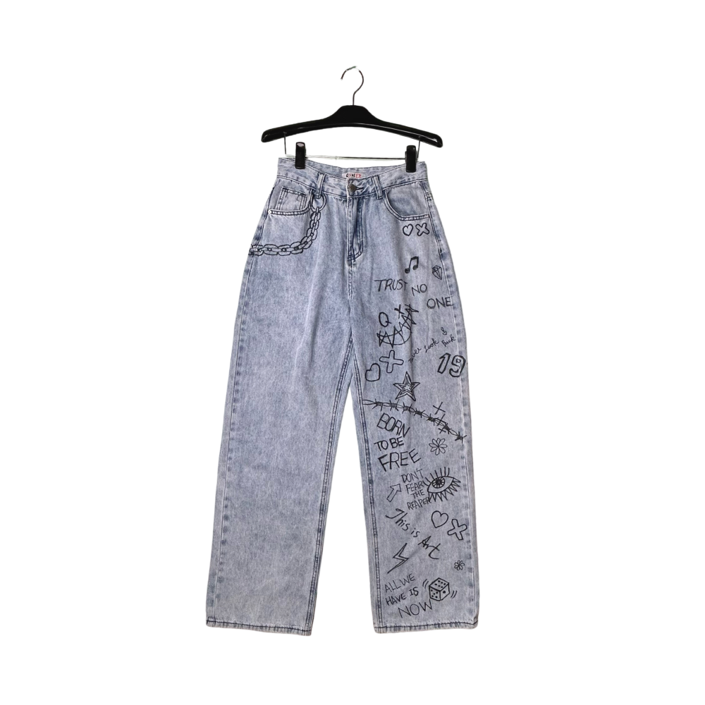  Designer graffiti style denim straight pants washed blue, , large