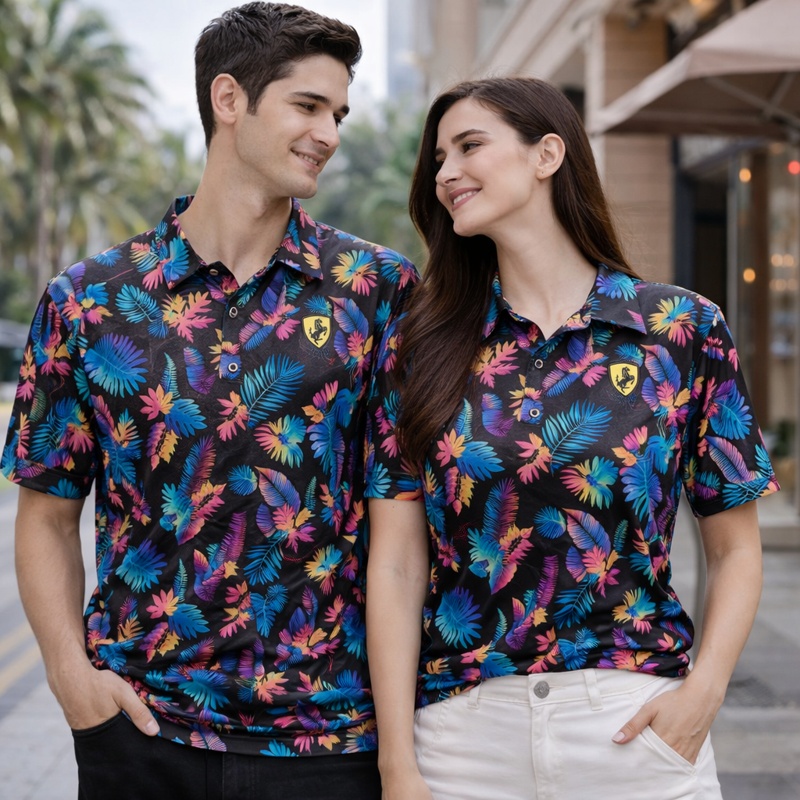 【FALALI】Short-sleeved cooling polo shirt - Men's (flower/black), , large