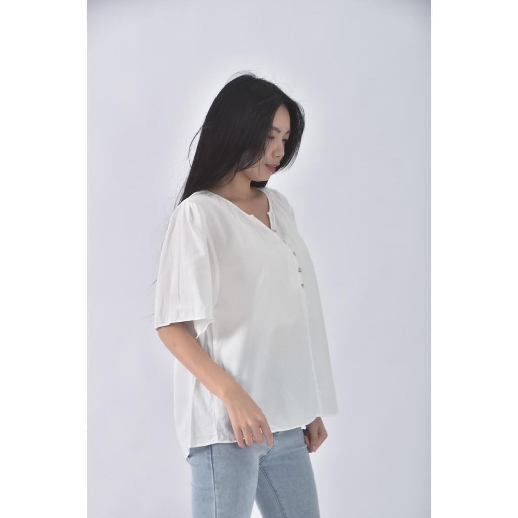 (S) 質感Ｖ領白色短袖上衣二手衣, , large