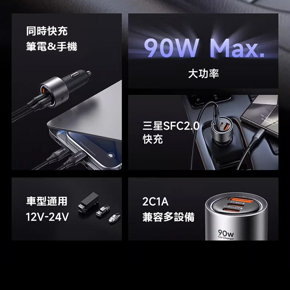 Mcdodo麥多多 LQ CC311 Gana系列90W三口快充車載充電器 2C1A, , large