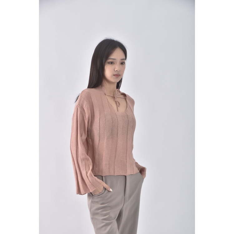 (F) 質感V領粉色長袖上衣二手衣, , large