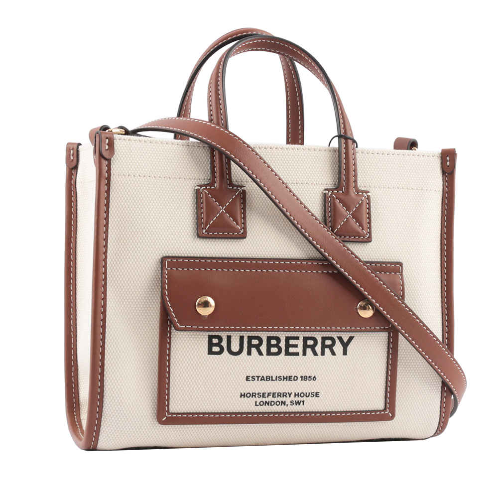 BURBERRY Freya 棉質帆布拼皮革迷你二用托特包/自然色/棕褐色, , large