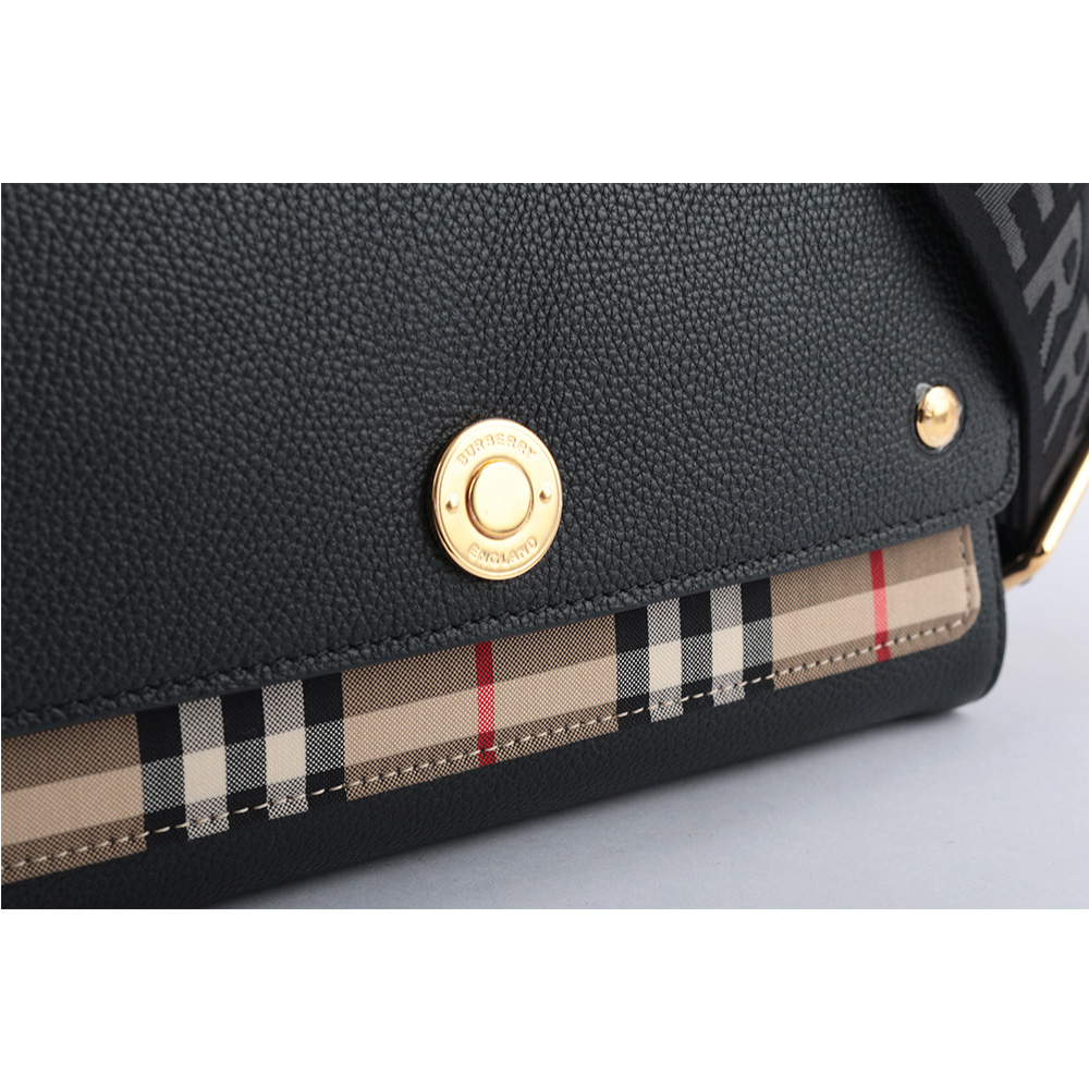 BURBERRY Vintage格紋拼皮革翻蓋斜背包/黑色, , large