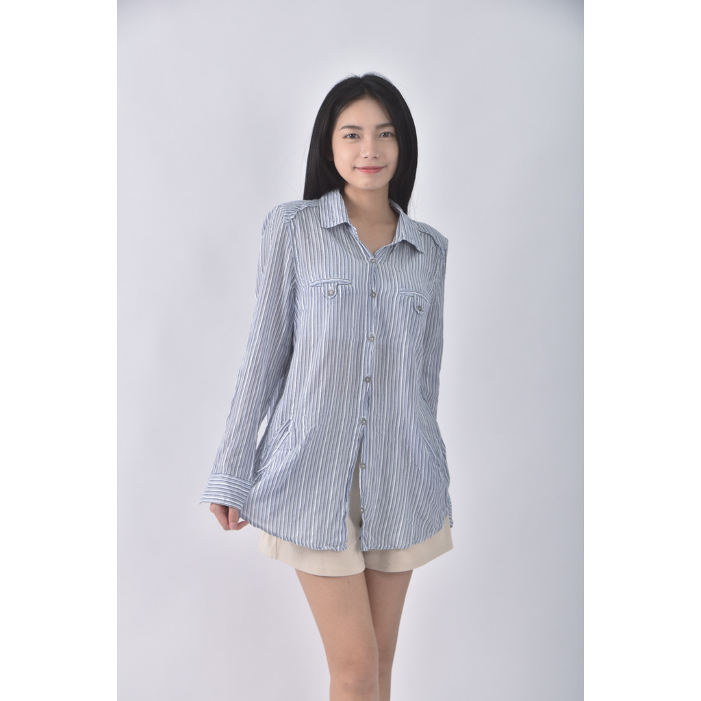 (L) net質感西裝棉質條紋藍色長袖上衣二手衣, , large