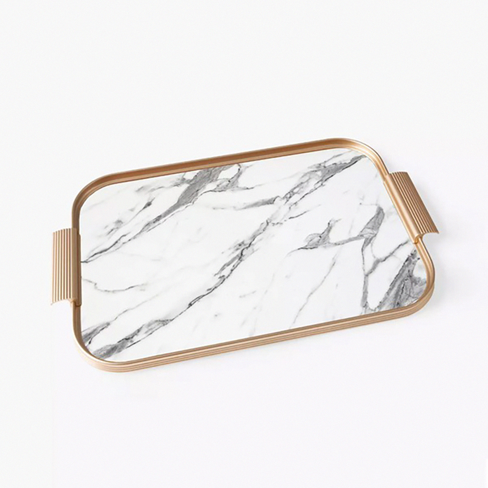 Kaymet Rectangular Tray - Gold Edges + White Marble - 51x33cm
