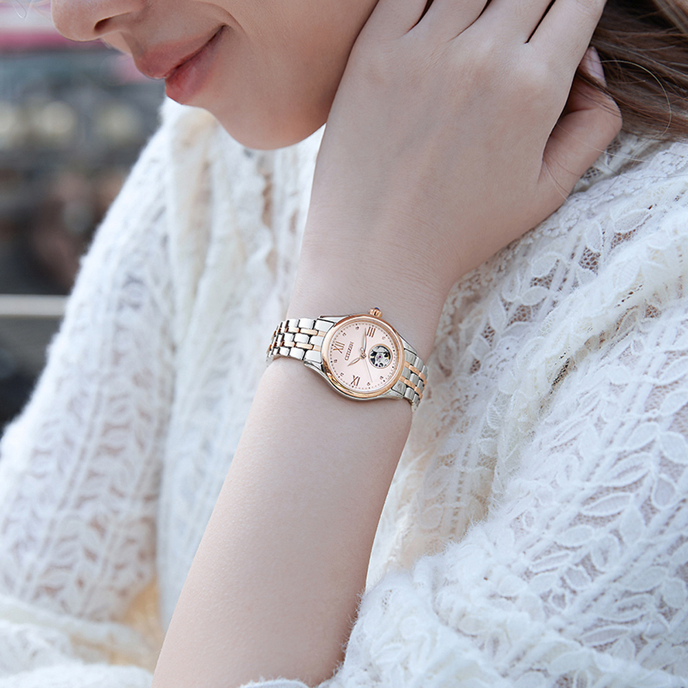 CITIZEN 星辰 小鏤空優雅機械女錶-銀x玫瑰金/28.5mm PR1044-87X, , large