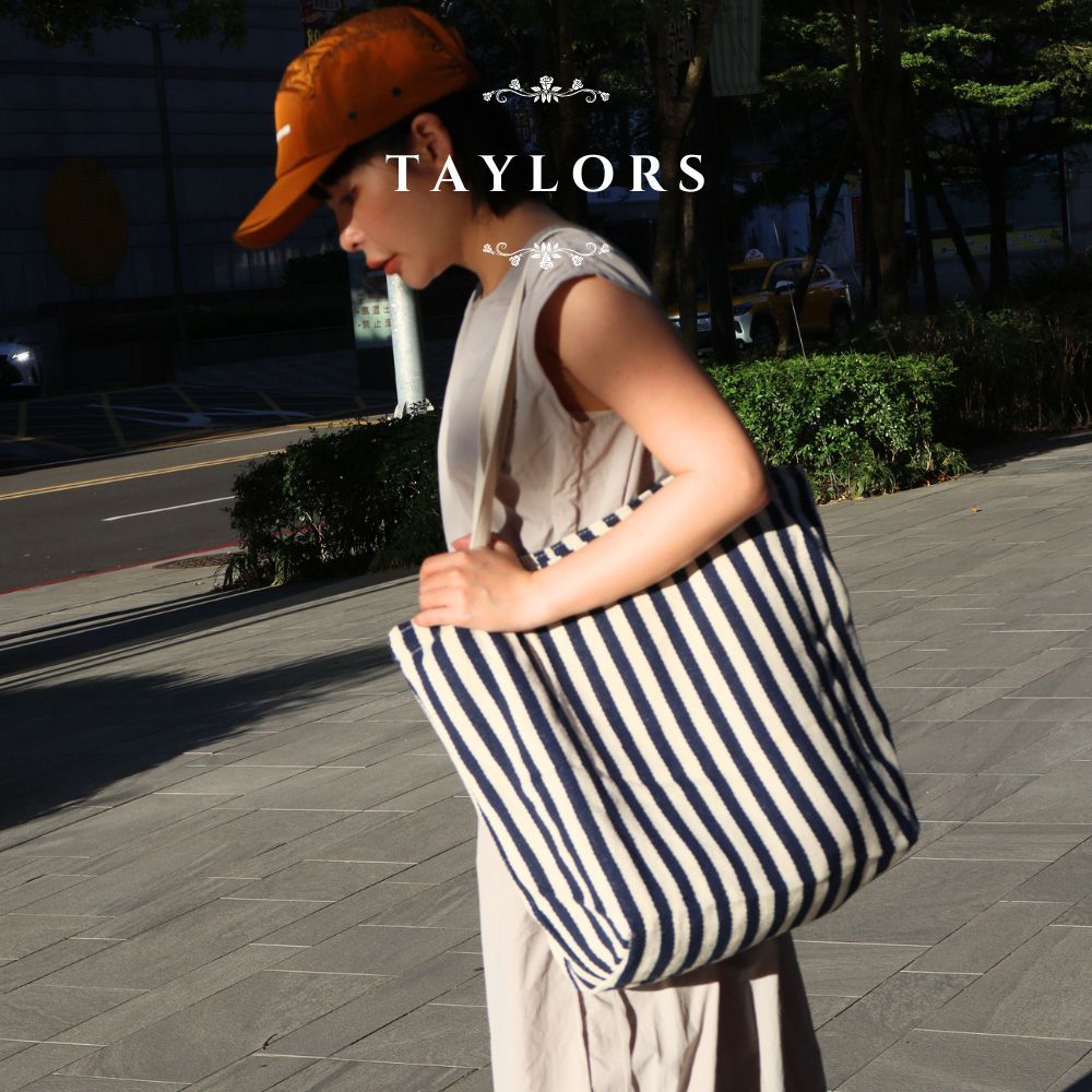 【TAYLORS】韓版 夏日條紋帆布托特包-焦糖 棉布軟包 大容量 帆布袋 手提 肩背包 沙灘袋, , large