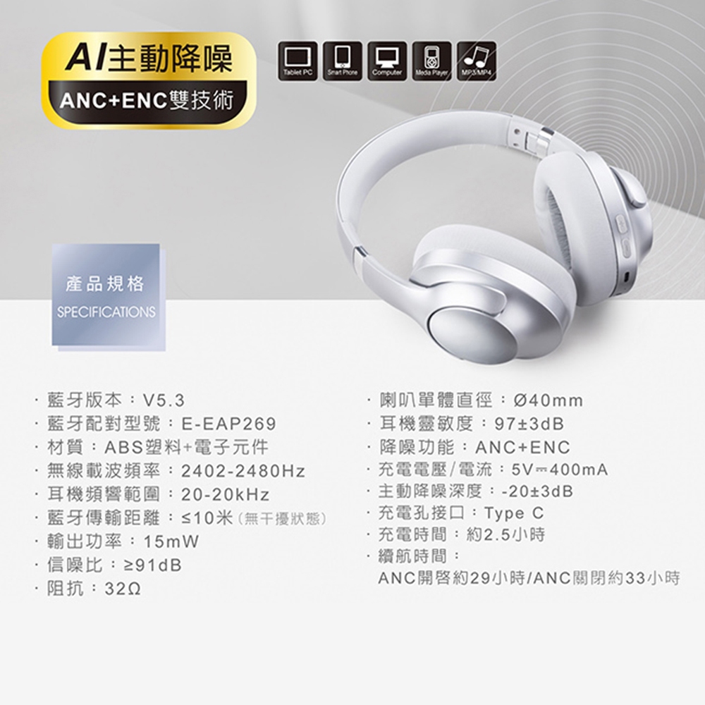 E-books SS64 藍牙頭戴耳機麥克風 ANC降噪 快充 可摺疊 支援iOS/Android, , large