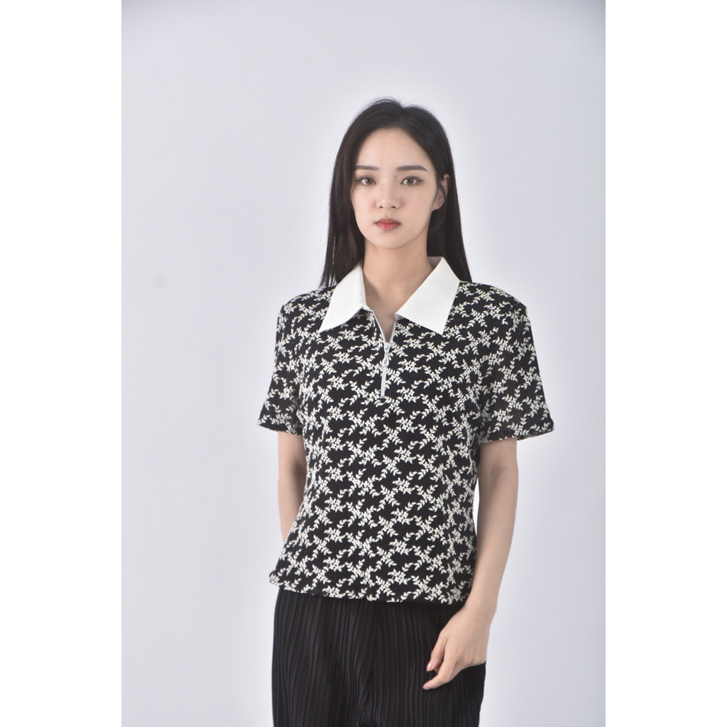 (M) kei lay質感花紋黑色短袖上衣二手衣, , large