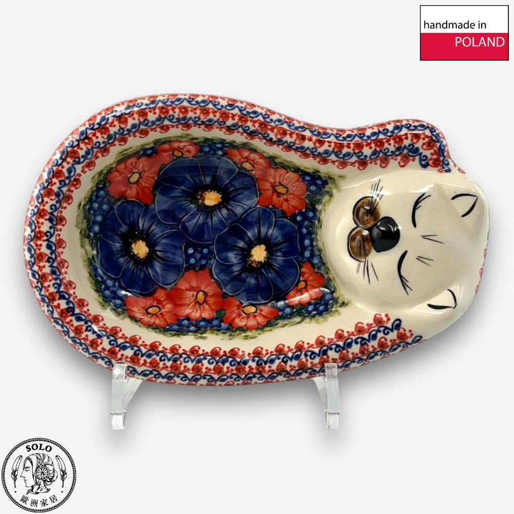 【SOLO Vintage】Cerraf Polish Pottery 24cm Cat Bowl Red and Blue Blossoming Elegance Series Made in Poland, , large