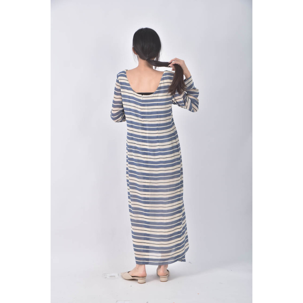 (S) 白線條藍色洋裝二手衣, , large