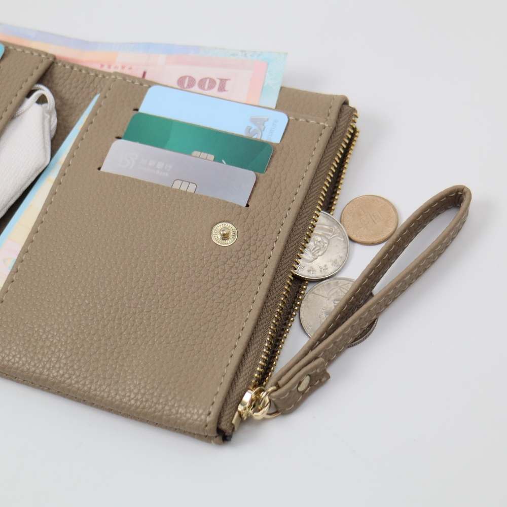 AUNO  經典圓釦短夾 多卡位收納皮夾 女用錢包 典雅百搭, , large