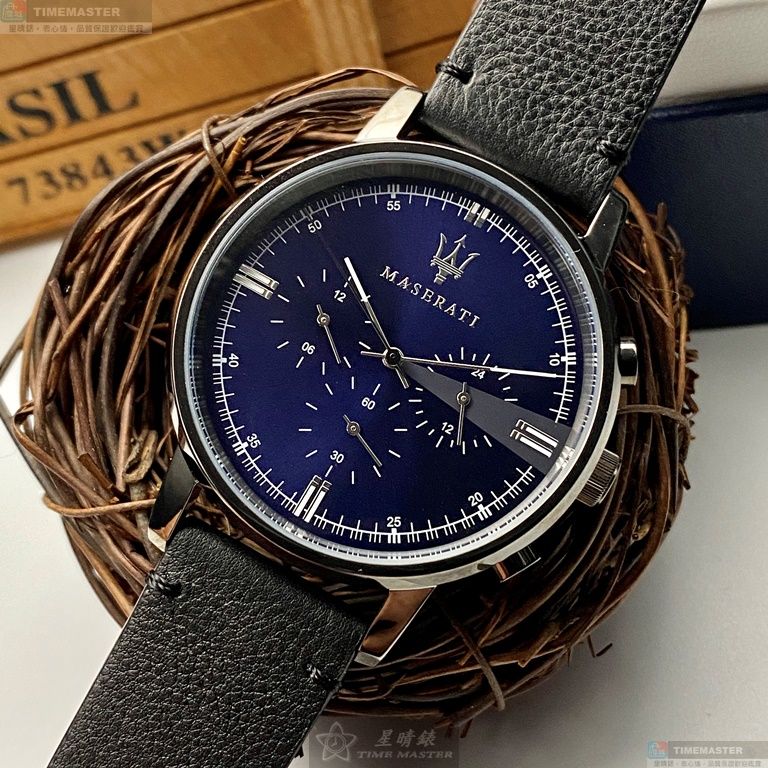 [星晴錶業]MASERATI手錶,42mm,R8871630002寶藍色錶面黑錶殼深黑色真皮皮革錶帶款, , large
