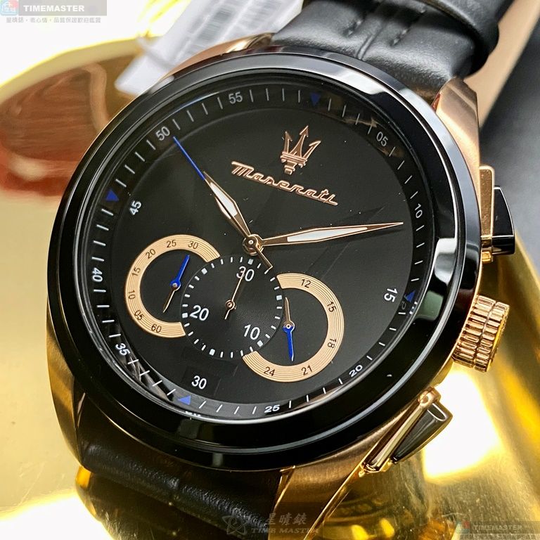 [星晴錶業]MASERATI手錶,46mm,R88716120252黑色錶面黑錶殼深黑色真皮皮革錶帶款, , large