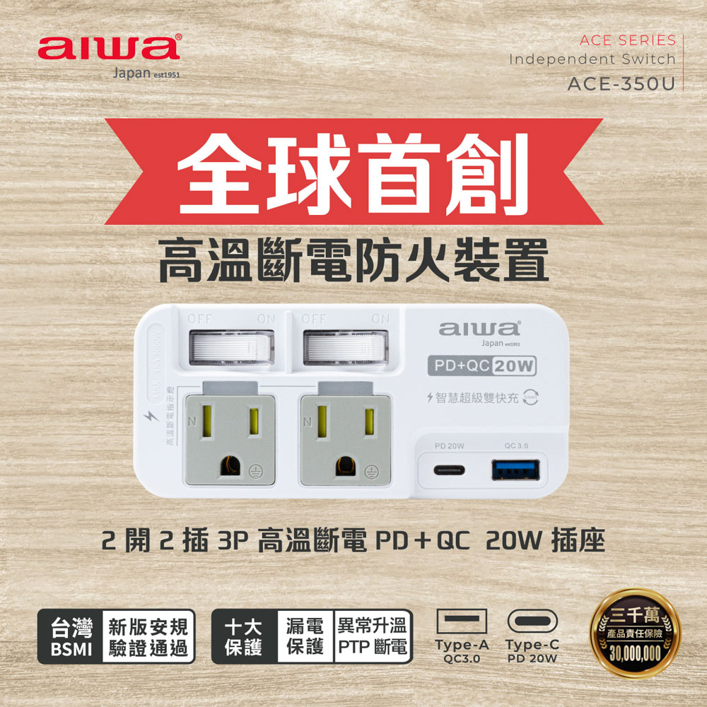 AIWA 愛華 2開2插3P高溫斷電PD＋QC 20W插座 ACE-350U, , large