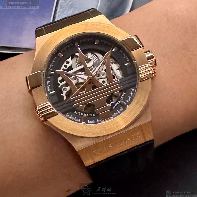[星晴錶業]MASERATI手錶,42mm,R8821108002機械鏤空錶面玫瑰金錶殼深黑色真皮皮革錶帶款, , large