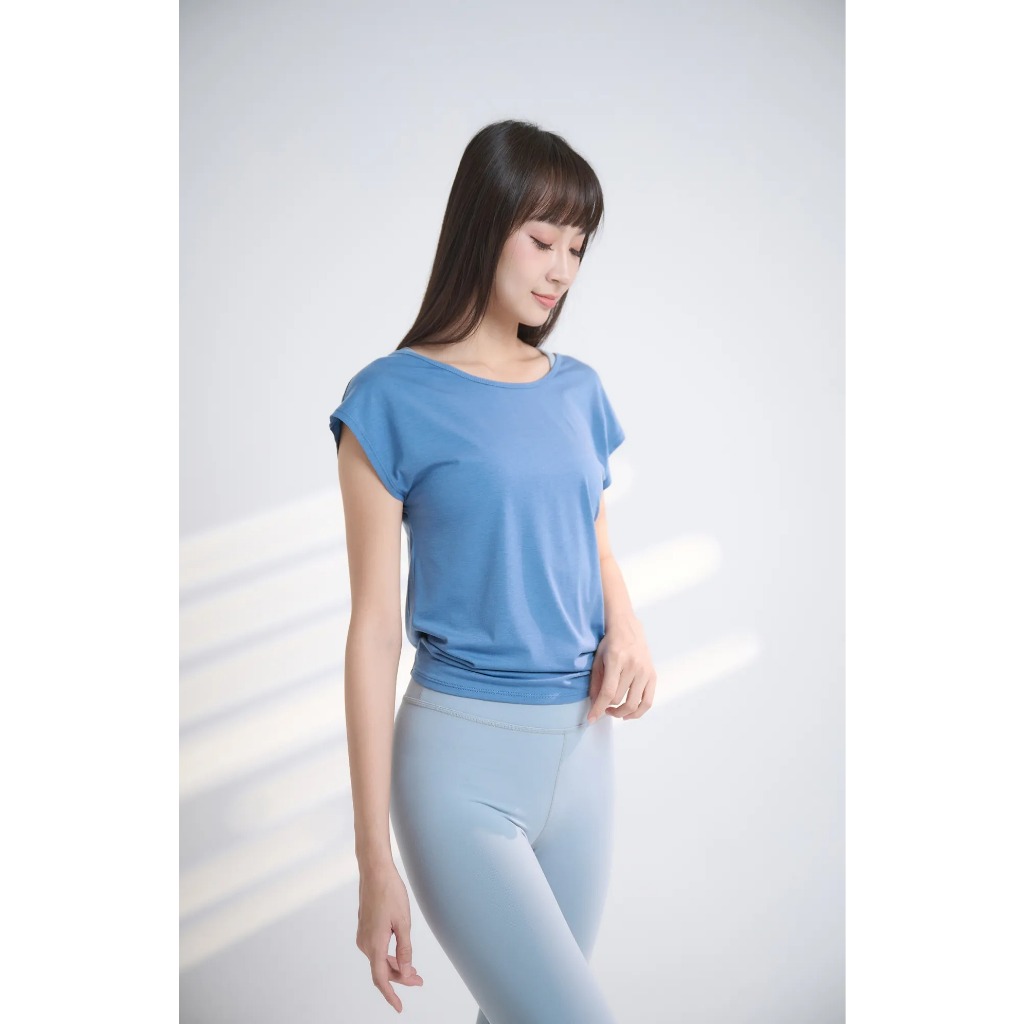 YOGA FLOW Back Tie Tshirt - 短袖美背綁帶開叉兩穿罩衫 - 恆星藍, , large