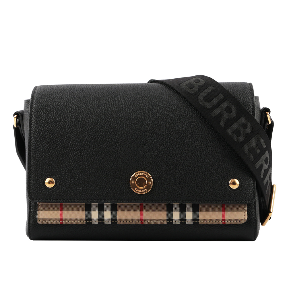 BURBERRY Vintage格紋拼皮革翻蓋斜背包/黑色
