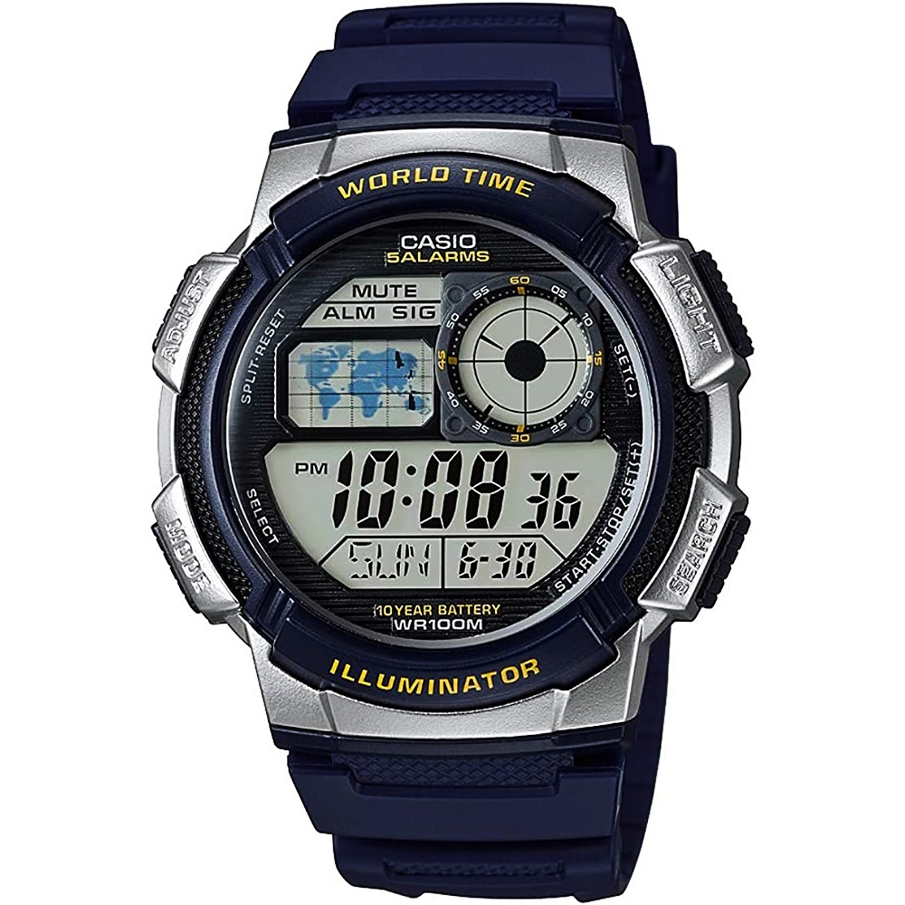 CASIO 卡西歐 10年電力 多功能世界時間電子錶-藍銀 AE-1000W-2A, , large