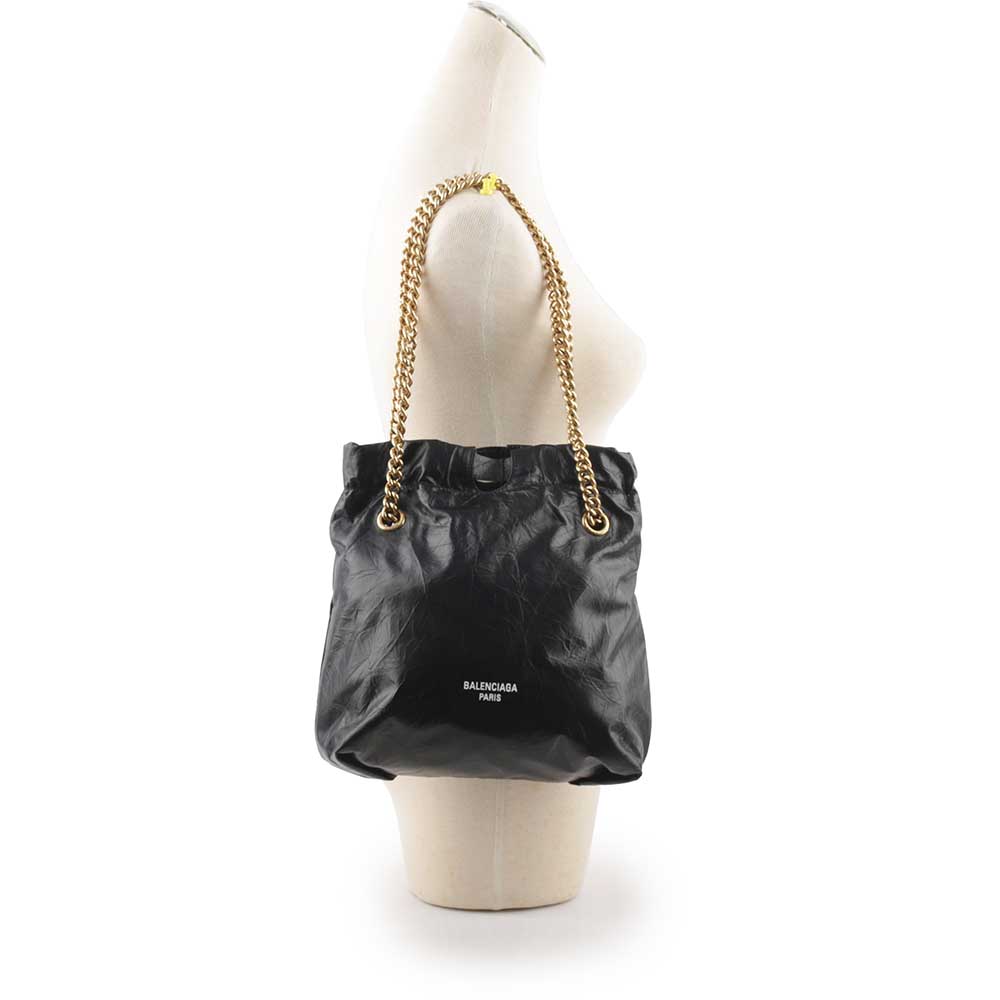 BALENCIAGA CRUSH 金鍊小牛皮小款肩背/斜背托特包/黑色, , large