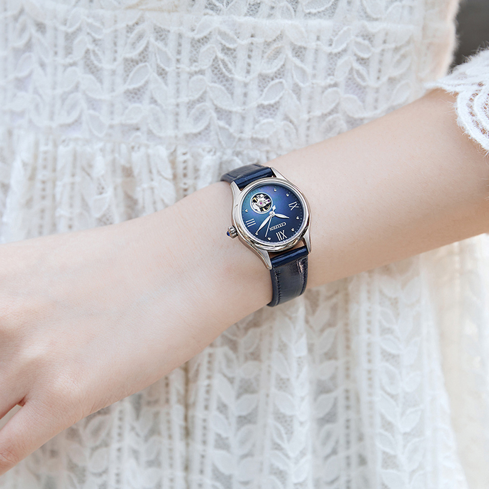 CITIZEN 星辰 小鏤空優雅機械女錶-藍/28.5mm PR1041-18N, , large