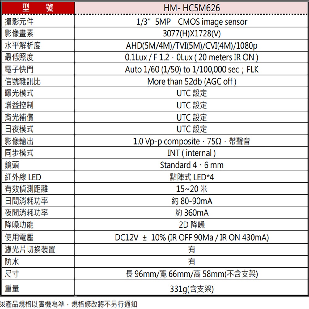 昌運監視器 環名HME HM-HC5M626 500萬 TVI 同軸音頻槍型攝影機 內建麥克風 紅外線15-20M, , large