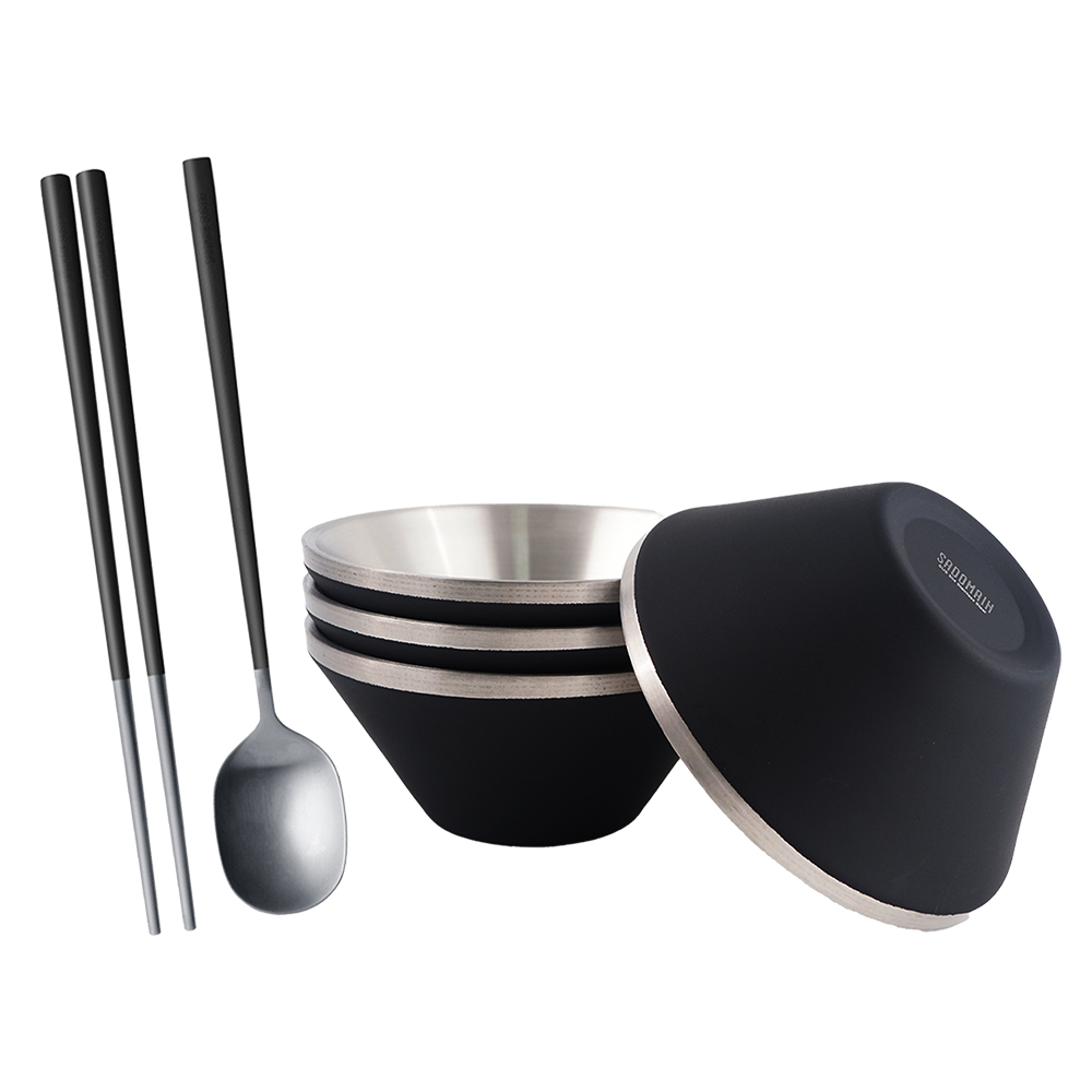 仙德曼雙層304不鏽鋼笠形碗-4入-黑色+316不鏽鋼餐具組-4套入, , large