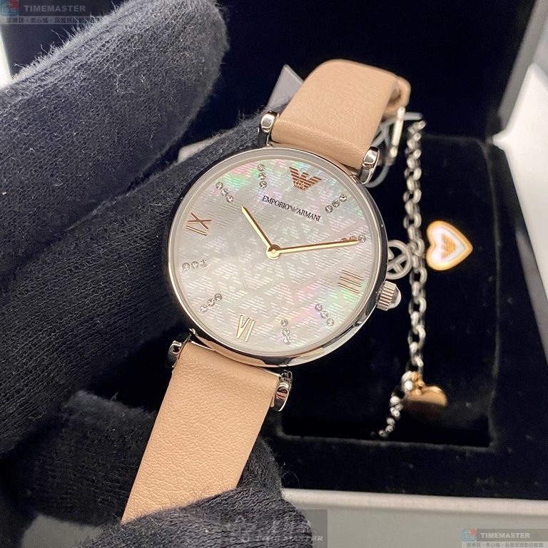 [星晴錶業]ARMANI手錶,32mm,AR00041白色貝母錶面銀錶殼粉紅真皮皮革錶帶款, , large