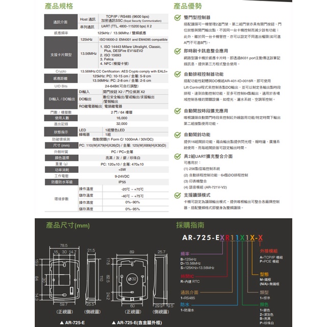 昌運監視器 SOYAL AR-725-E V2 E4 Mifare RS-485 亮黑 觸摸式背光鍵盤控制器 門禁讀卡機, , large