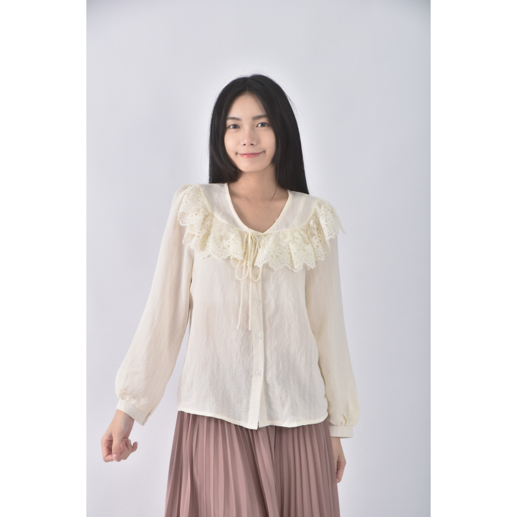 (S) ke mei zi質感蕾絲拼接透膚杏色長袖上衣二手衣, , large