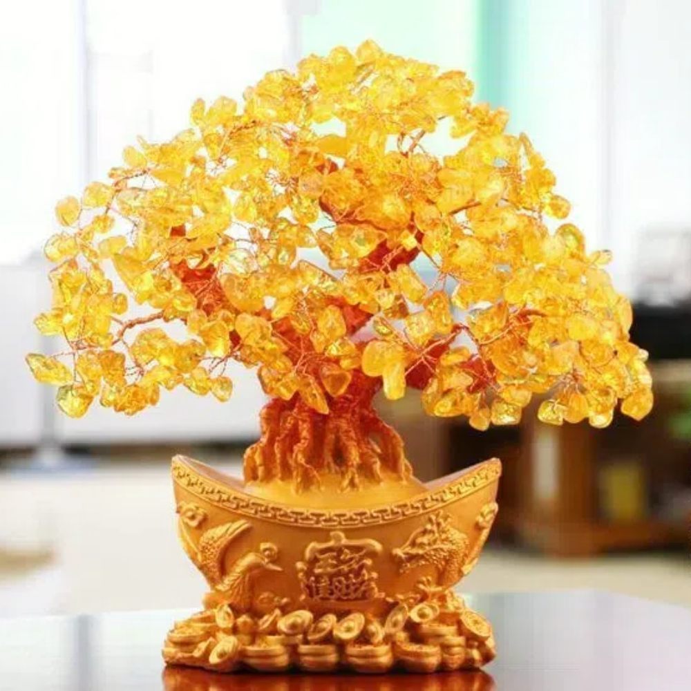 【A&R】招財黃水晶樹 聚寶盆 金元寶款 高18cm , , large