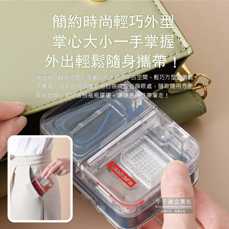 [日日好物]日本Imakara-旅行隨身防潮密封儲藥盒-透明色1入/盒_內附小毛刷1入(便攜型磨粉切藥器,4格分裝切藥密封盒,輕便迷你保健盒,個人藥品收納盒), , large
